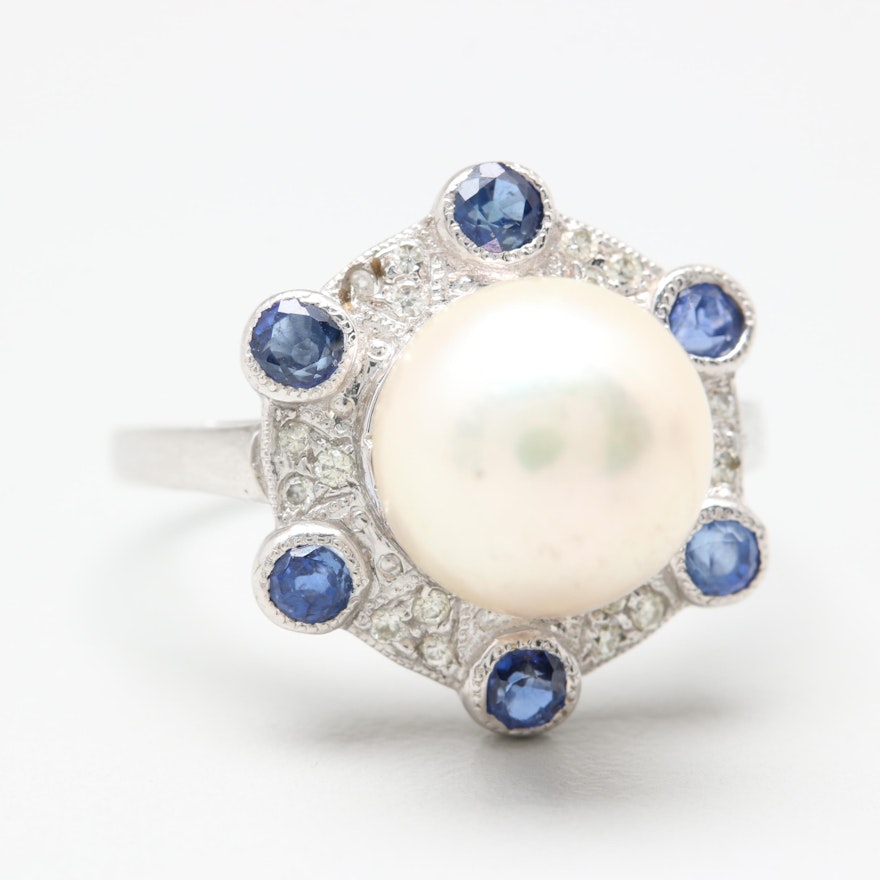 18K White Gold Cultured Pearl, Sapphire and Diamond Ring