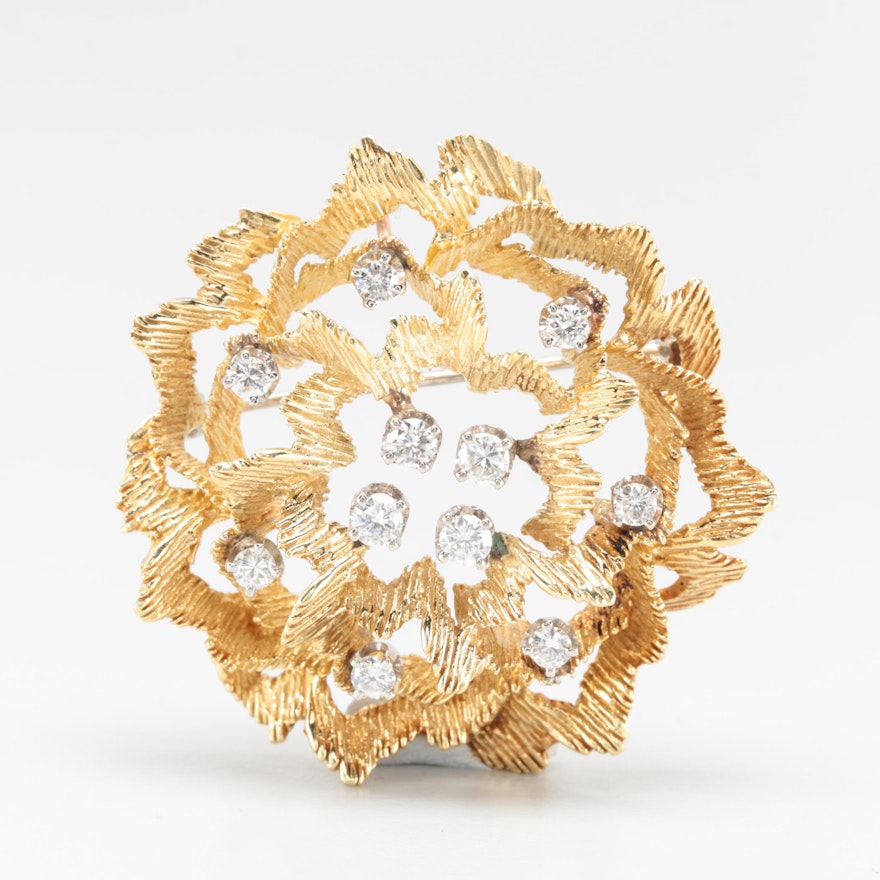 18K Yellow Gold 1.08 CTW Diamond Flower Converter Brooch