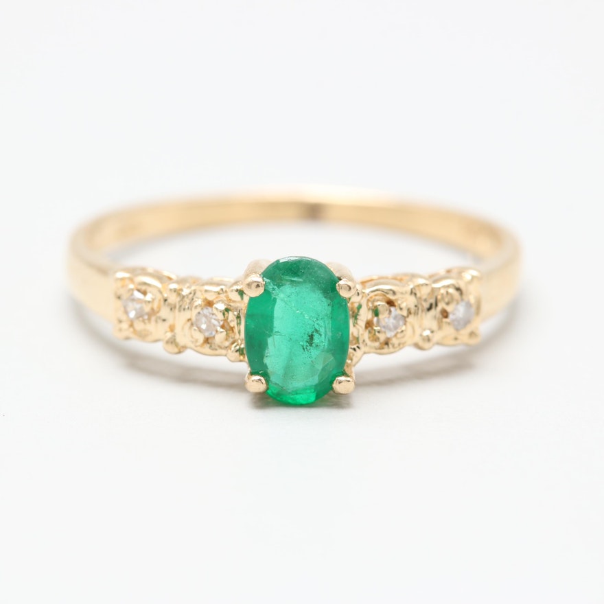 14K Yellow Gold Emerald and Diamond Ring