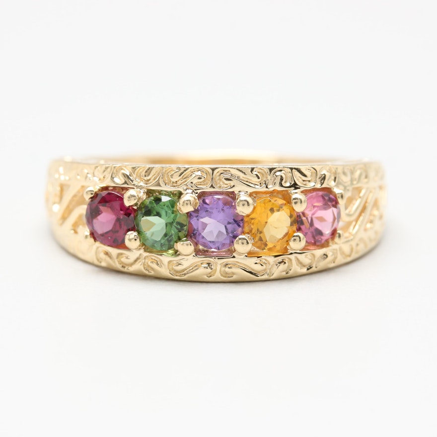 14K Yellow Gold Rhodium Garnet, Diopside, Citrine and Amethyst Ring