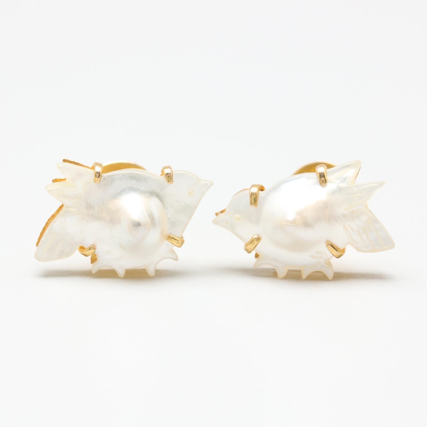 18K Yellow Gold Cultured Pearl Bird Earrings
