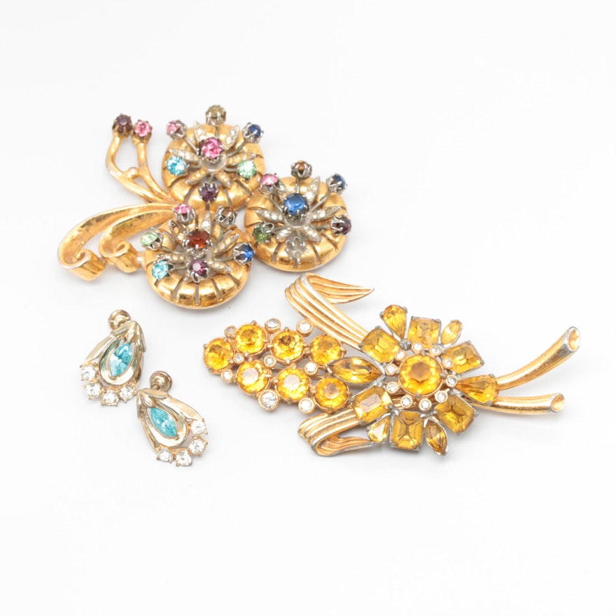 Circa 1940s Foilback Brooches and Earrings