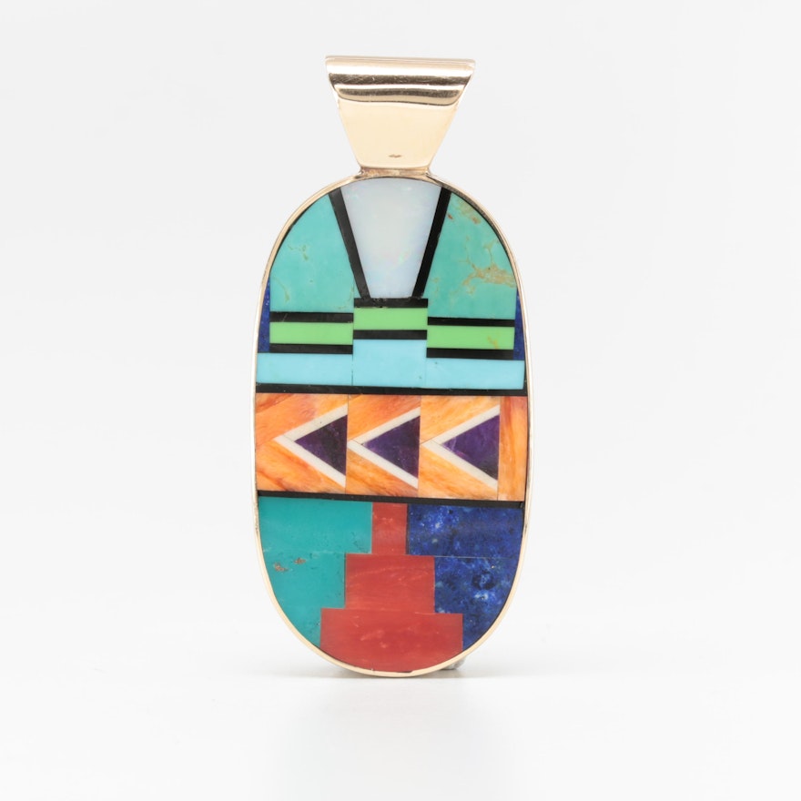 Navajo Diné Abraham Begay 14K Yellow Gold Gemstone Inlay Pendant