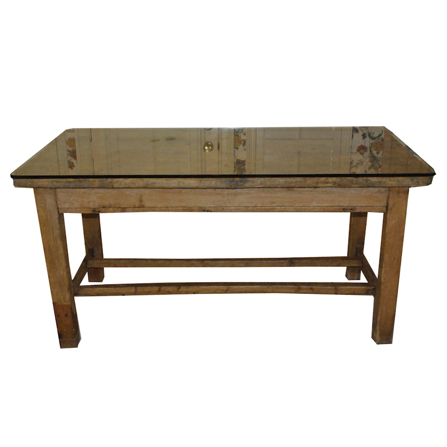 Antique Pine Kitchen Work Table with Glass Top