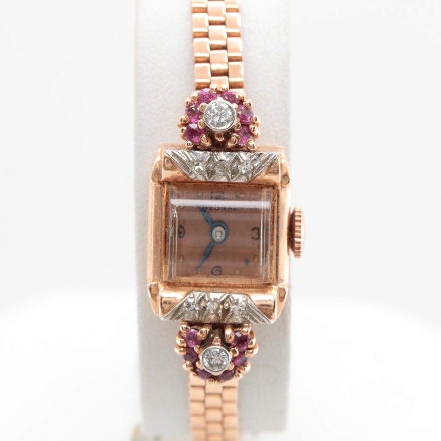 Regal 14K Rose Gold Diamond and Ruby Wristwatch