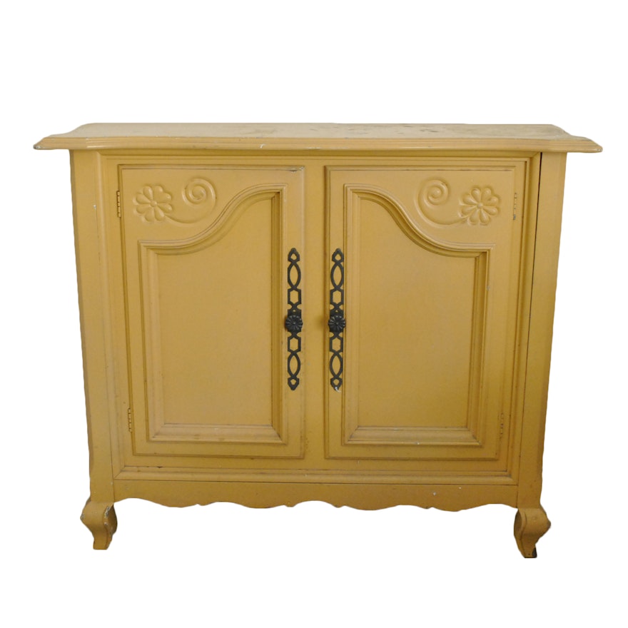 Yellow Painted Floral Carved Double Door Cabinet