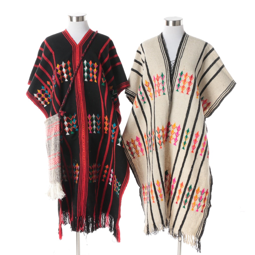 South American Style Handwoven and Embroidered Ponchos with Handwoven Crossbody