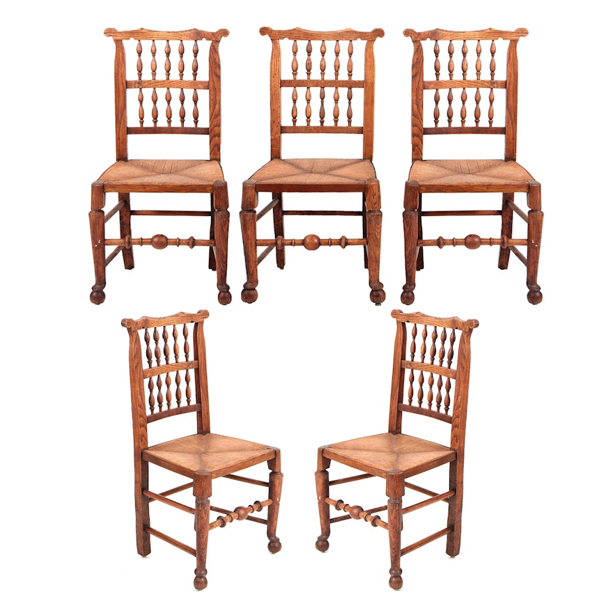 French Provincial Rush Seat Oak Wood Side Chairs