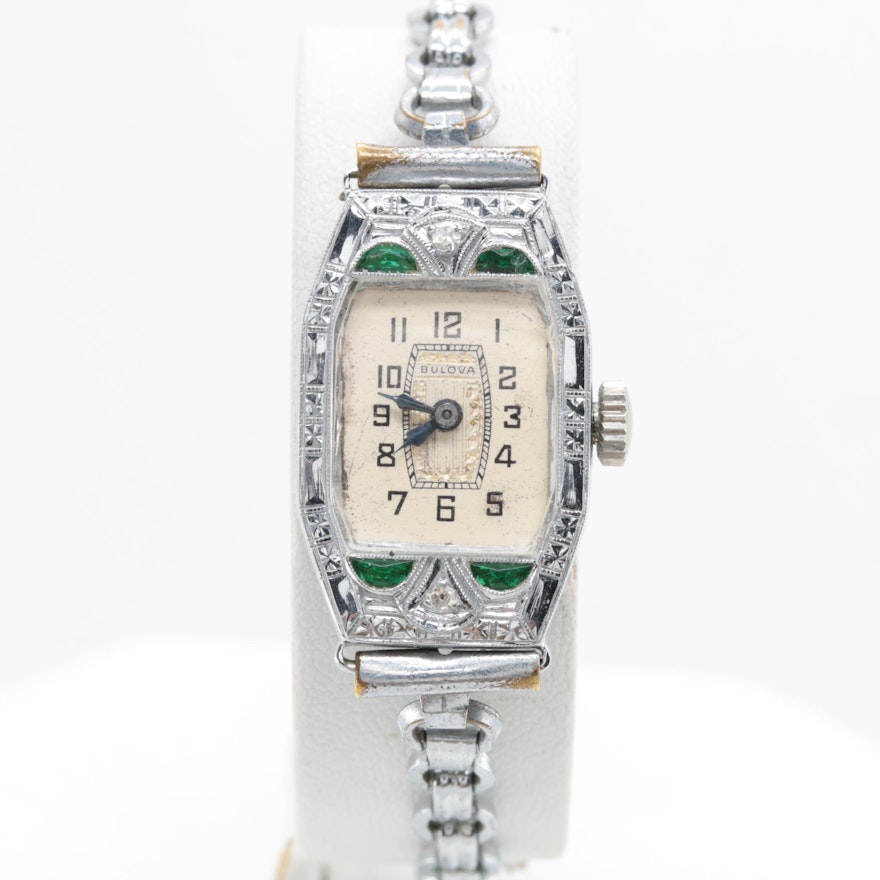 Bulova 14K White Gold Wristwatch Featuring Diamonds and Green Glass