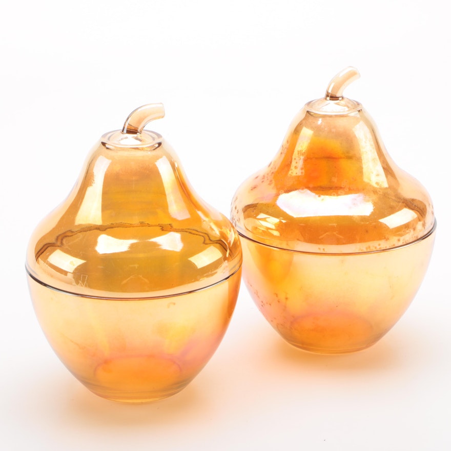 Vintage Jeanette Glass Iridescent Marigold Pear Shaped Candy Dishes
