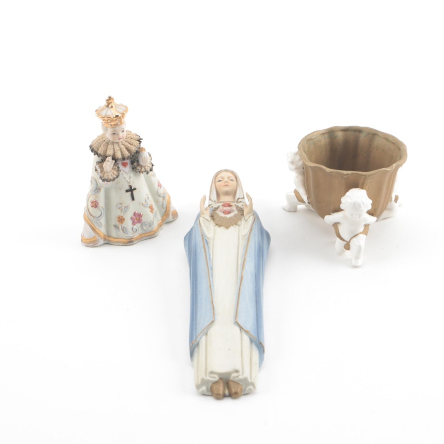 "Infant of Prague" Figurine, Virgin Mary Wall Hanging, and Cherub Planter