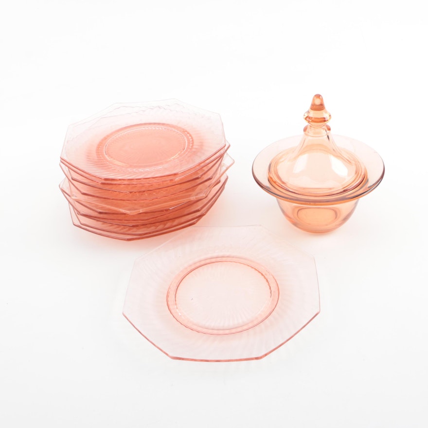 Vintage Pink Depression Glass Octagonal Plates and Lidded Jar