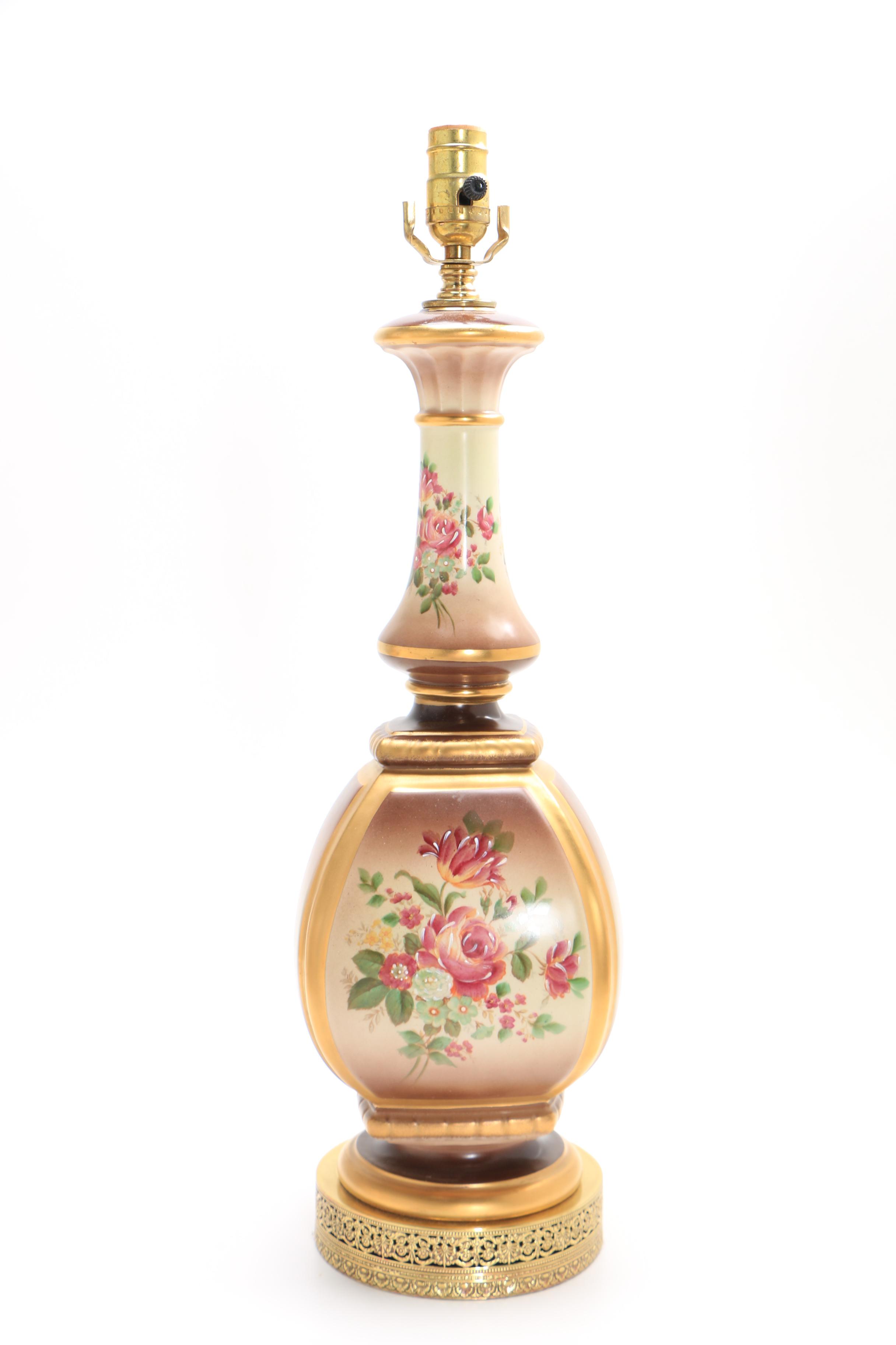 Hand Decorated Floral Ceramic Table Lamps with Brass Bases and Fringed Shades