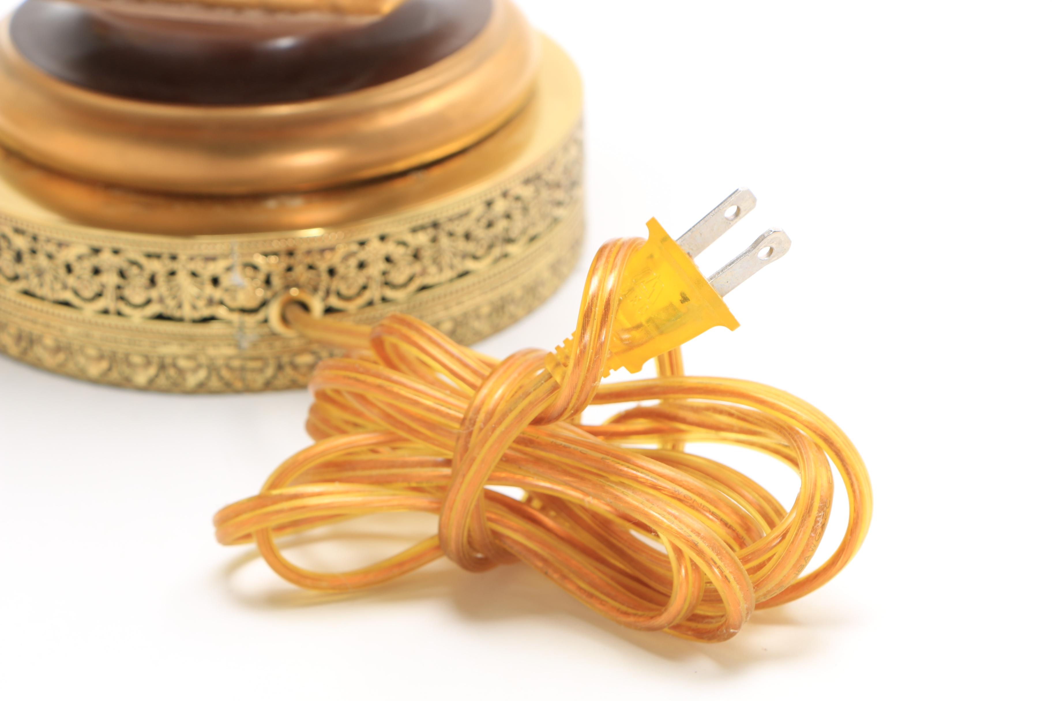 Hand Decorated Floral Ceramic Table Lamps with Brass Bases and Fringed Shades