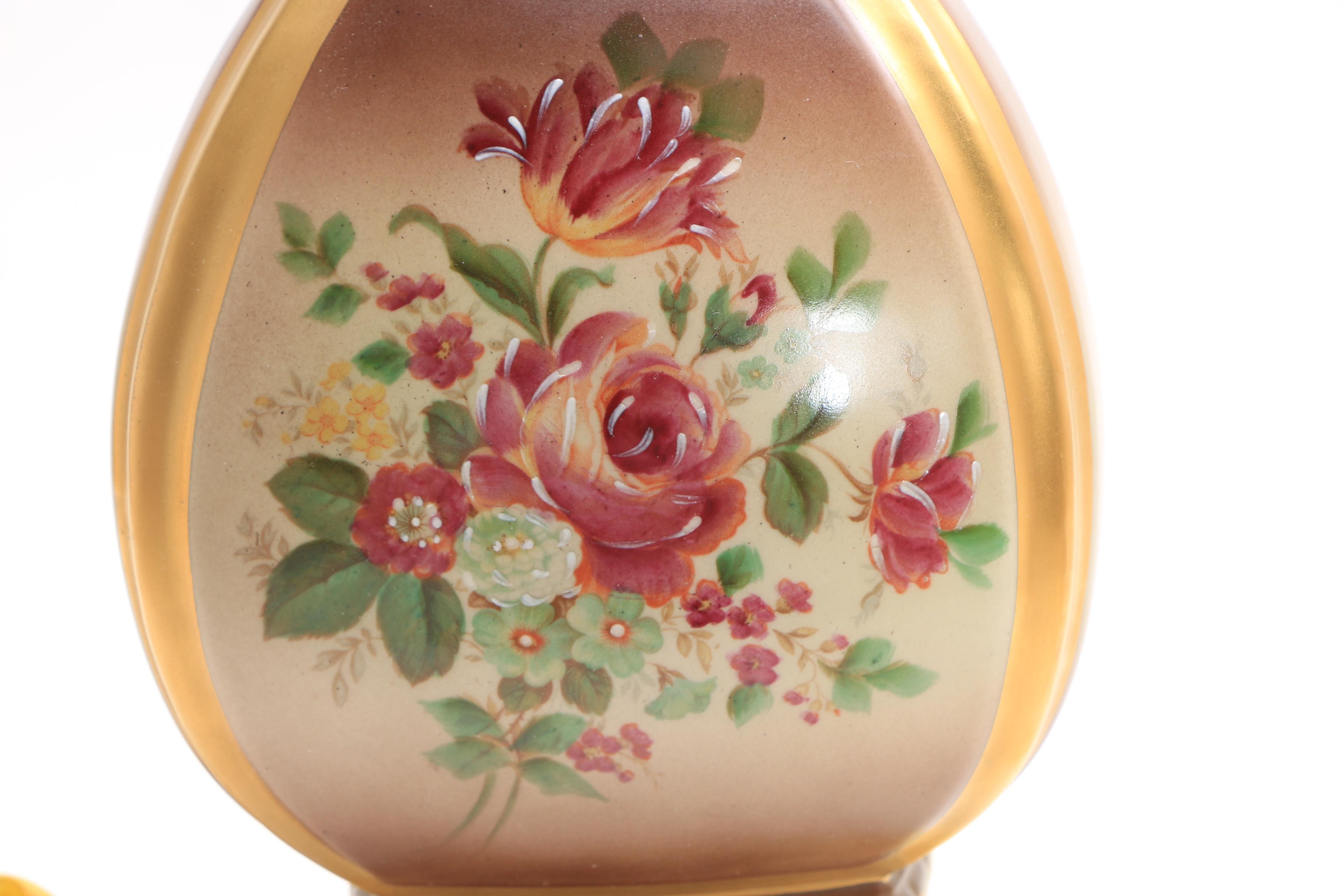 Hand Decorated Floral Ceramic Table Lamps with Brass Bases and Fringed Shades