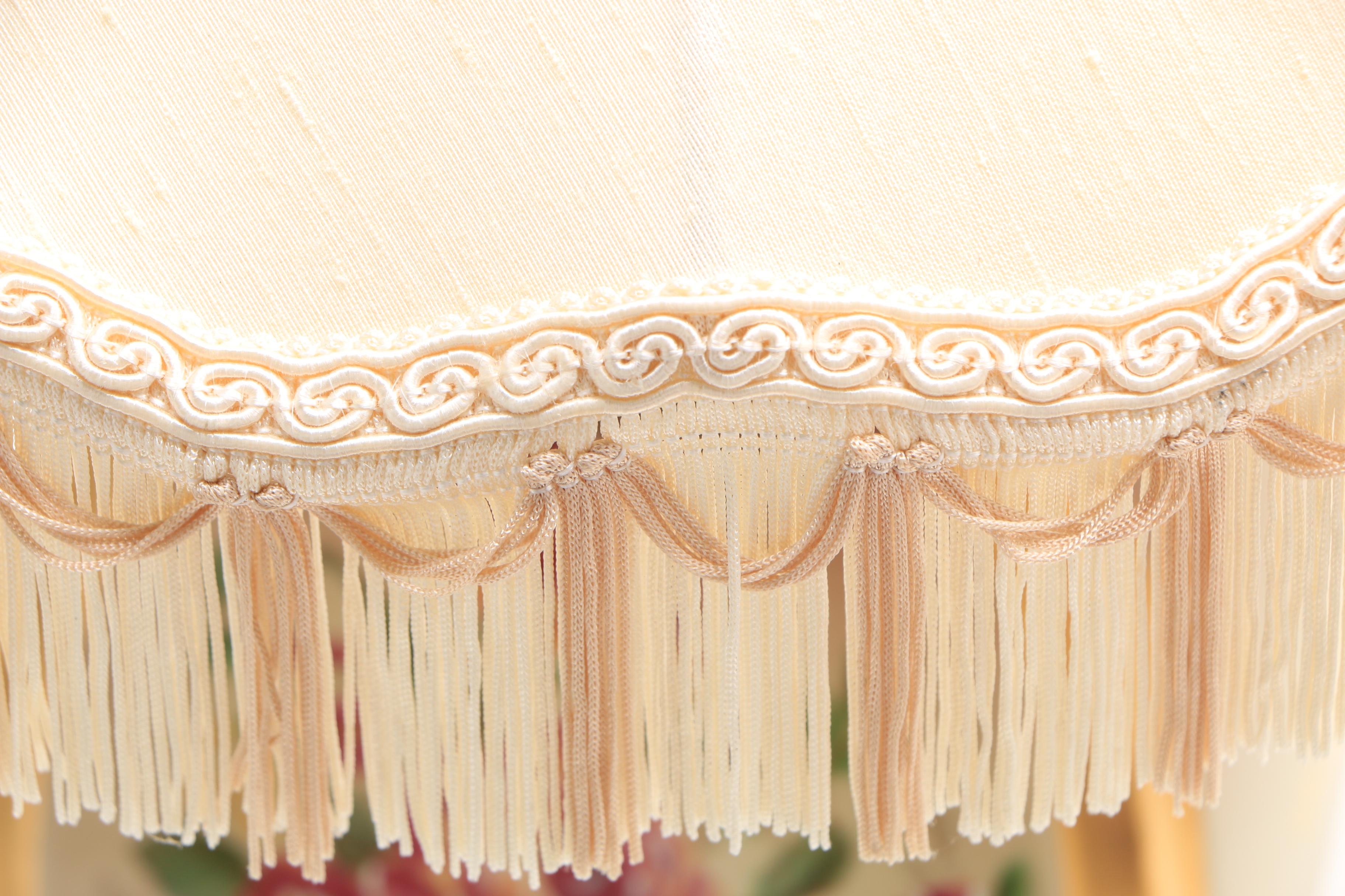 Hand Decorated Floral Ceramic Table Lamps with Brass Bases and Fringed Shades