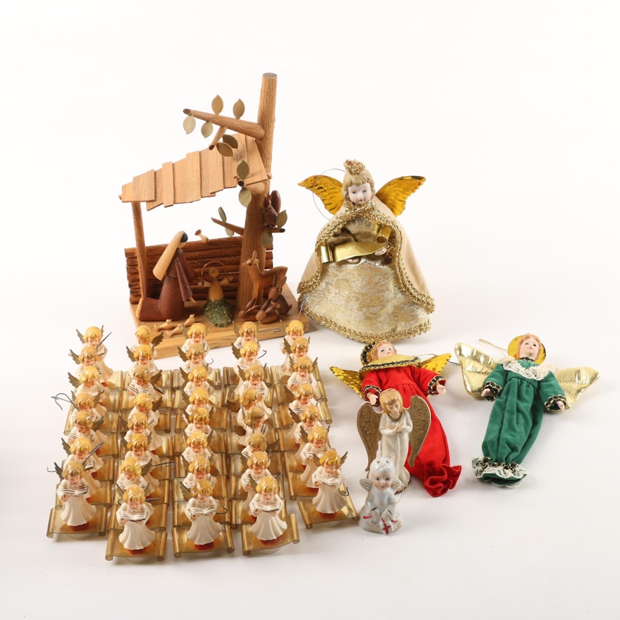 Vintage Angel Themed Ornaments featuring Handmade Wooden Nativity Scene