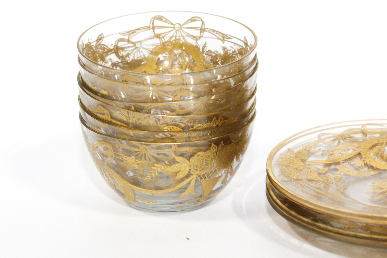 Collection of Gilt Decorated Glass Finger Bowls and Plates, 20th Century