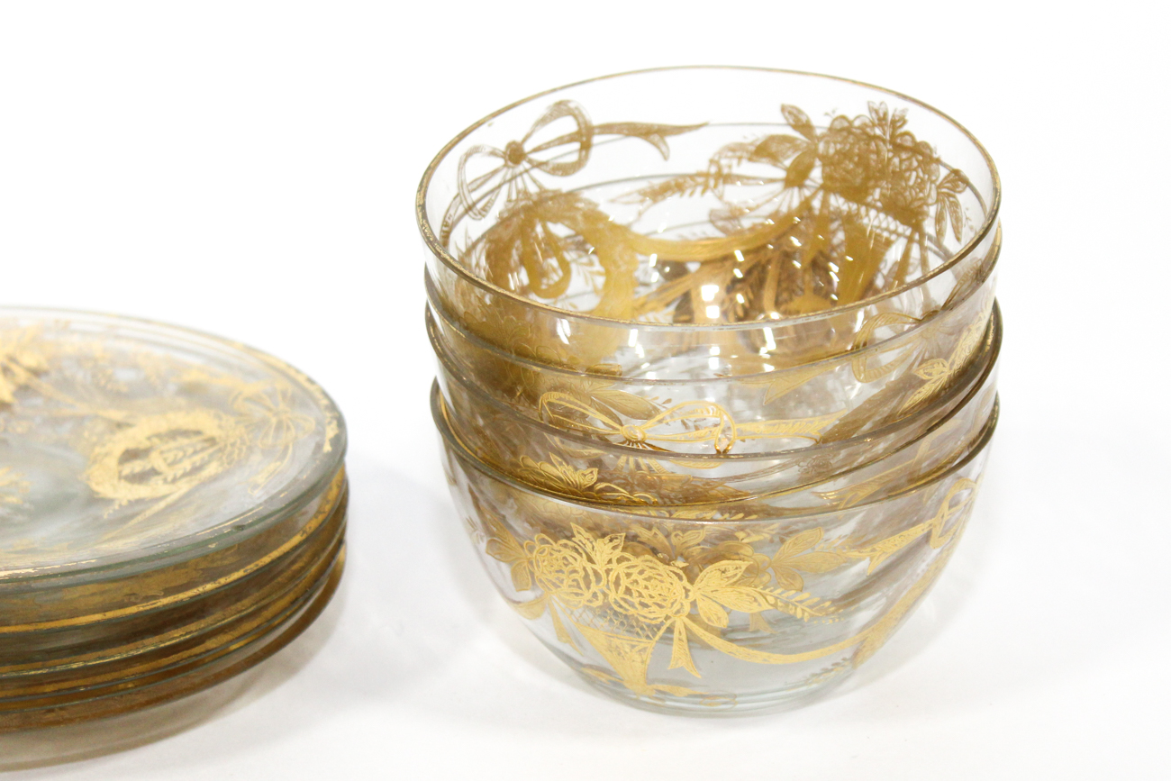 Collection of Gilt Decorated Glass Finger Bowls and Plates, 20th Century