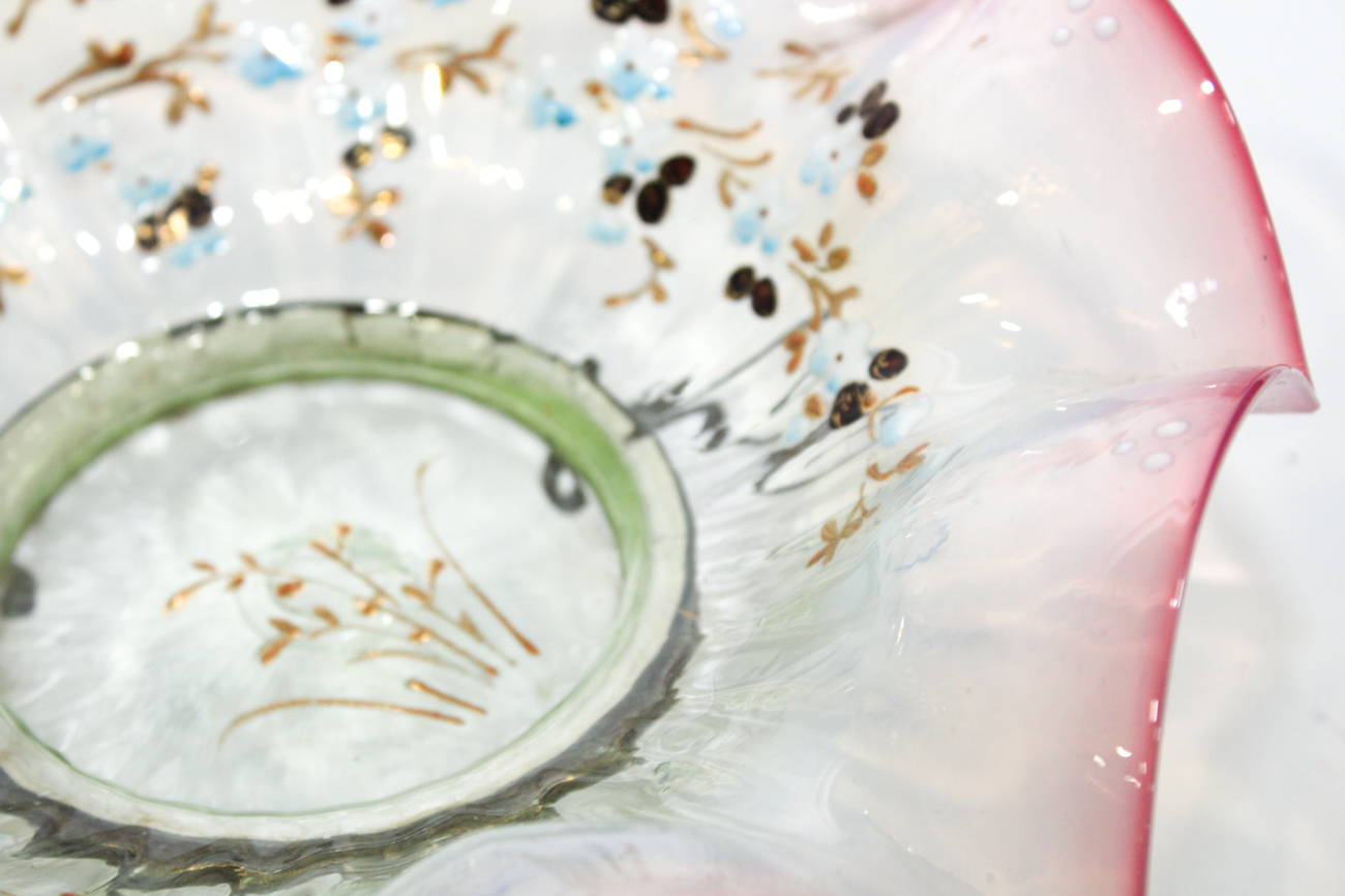 Victorian Enameled Vaseline Glass Floral Bowl on Gilt-Metal Stand