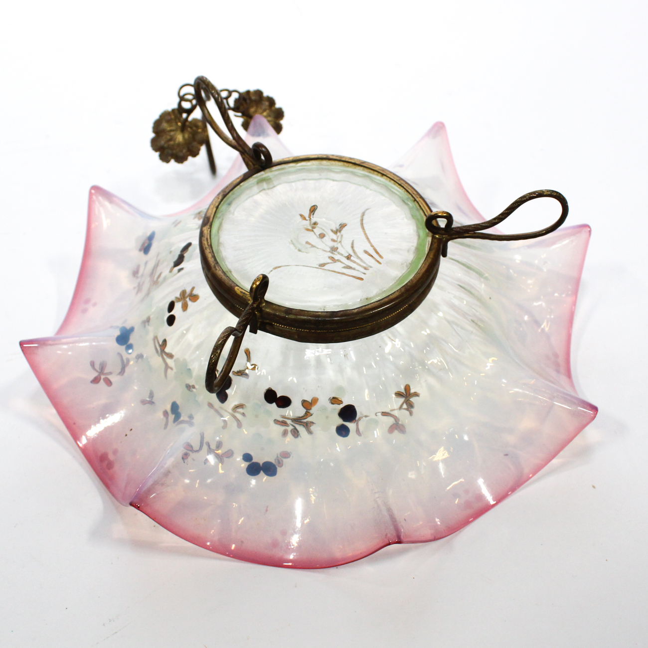 Victorian Enameled Vaseline Glass Floral Bowl on Gilt-Metal Stand