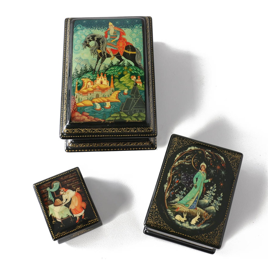 Signed Russian Hand-Painted Black Lacquer Miniature Boxes
