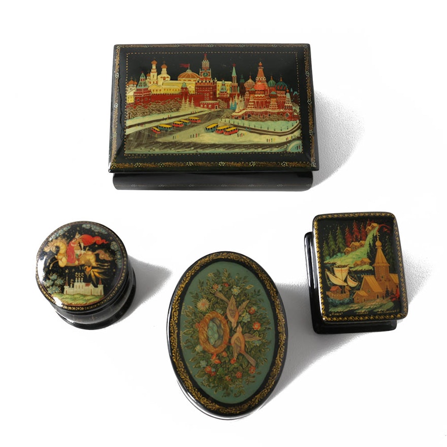 Signed Russian Hand-Painted Black Lacquer Miniature Boxes