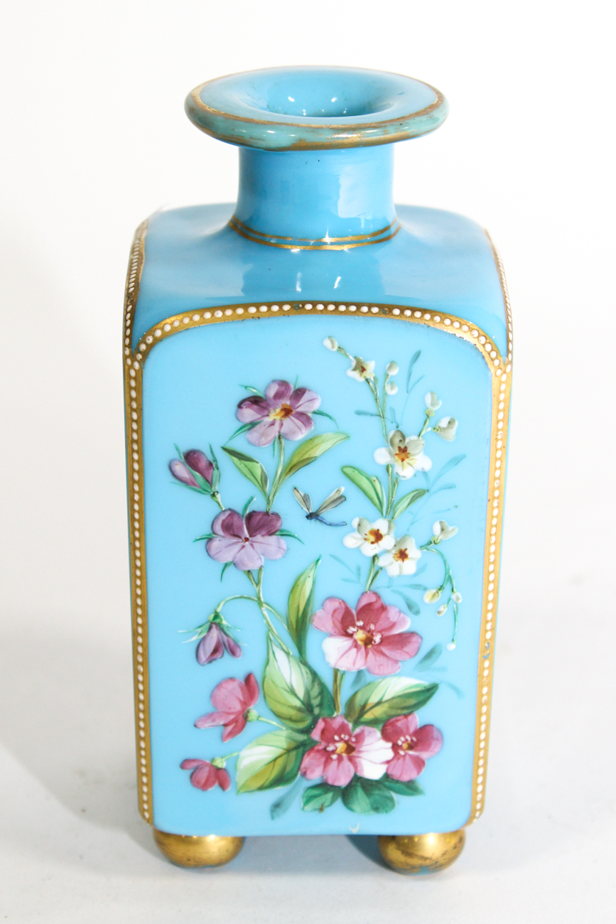 French Enameled and Blue Glass Perfume Bottle, Late 19th Century