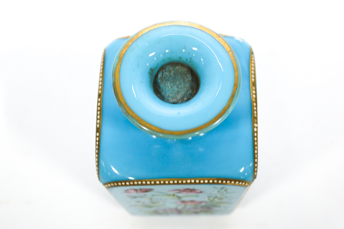 French Enameled and Blue Glass Perfume Bottle, Late 19th Century