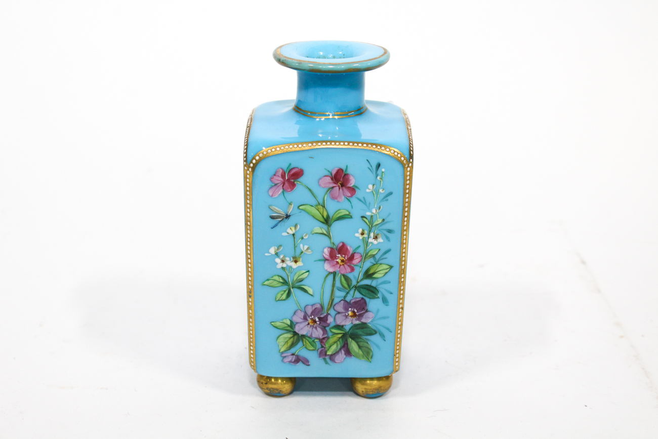 French Enameled and Blue Glass Perfume Bottle, Late 19th Century