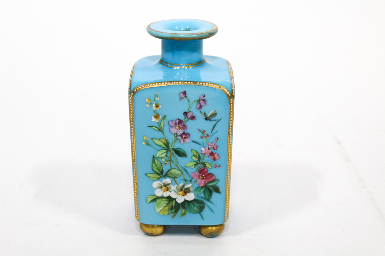 French Enameled and Blue Glass Perfume Bottle, Late 19th Century