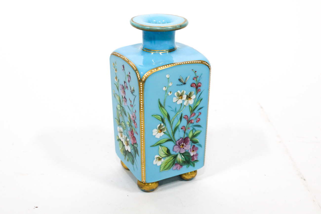 French Enameled and Blue Glass Perfume Bottle, Late 19th Century