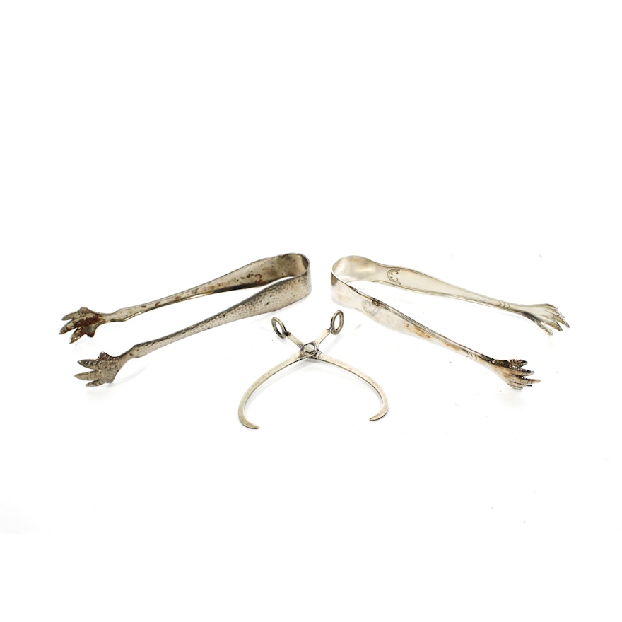 Three Pairs of Silver Plate Ice Tongs, 20th Century