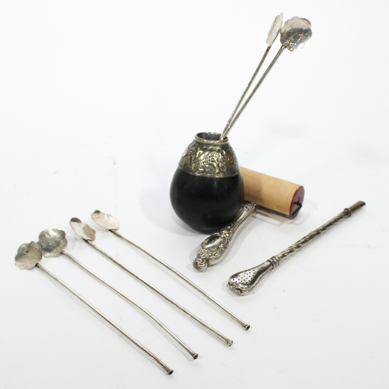 Argentinian Silver Yerba Mate Tea Gourd, Straw and Accessories, 20th Century