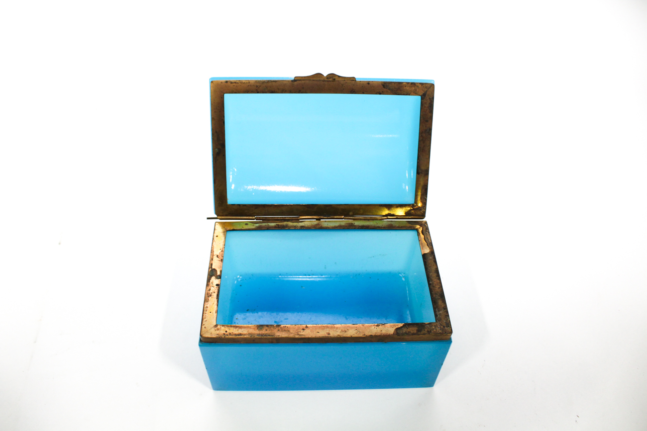 French Gilt Brass Mounted Blue Glass Table Casket, 19th Century