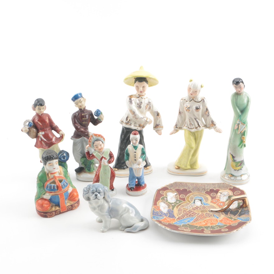 Mid Century Japanese Porcelain Figurines and Trinket Dish