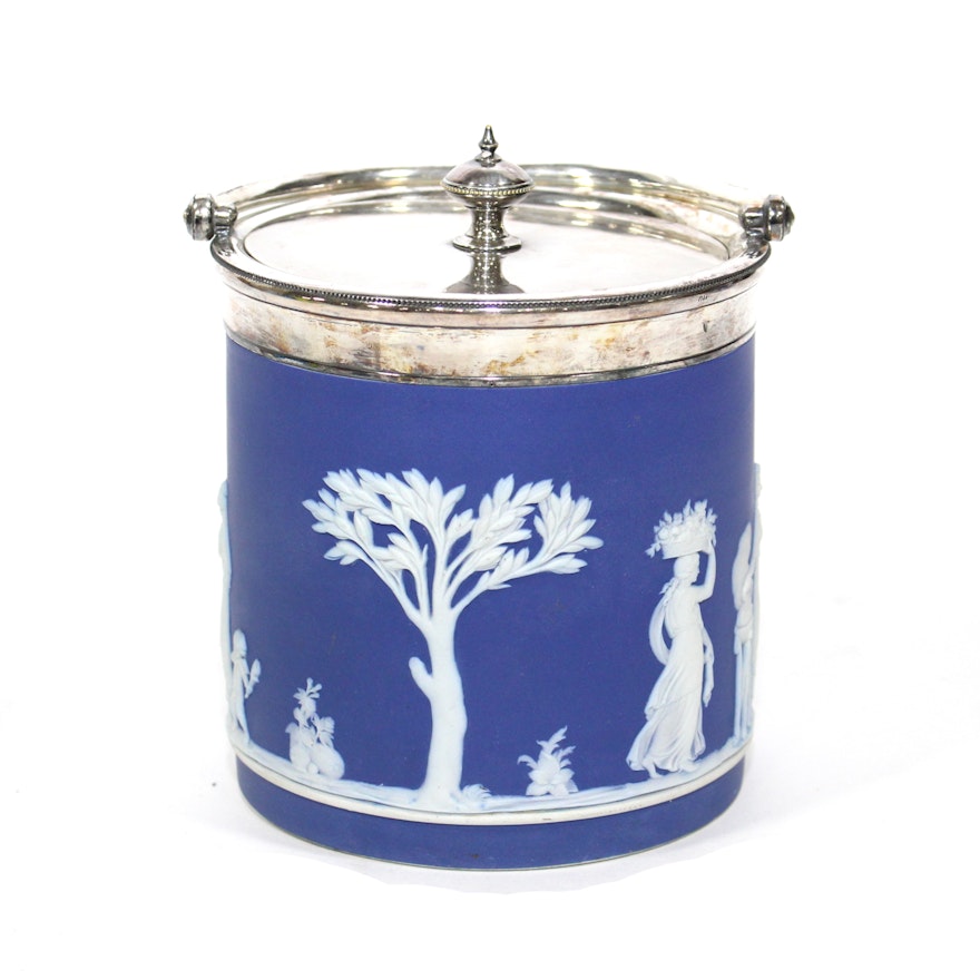 Wedgwood Blue Jasper and Silver Plated Biscuit Barrel, Early 20th Century