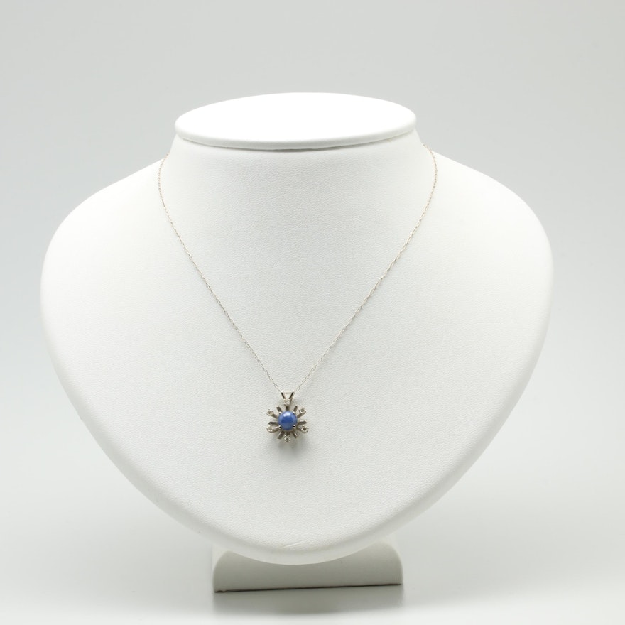 14K White Gold Synthetic Blue Star Sapphire and Diamond Necklace