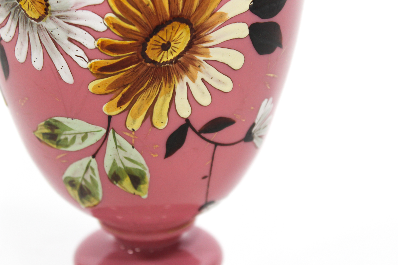 Bristol Pink Glass Floral Decorated Vase, Late 19th Century
