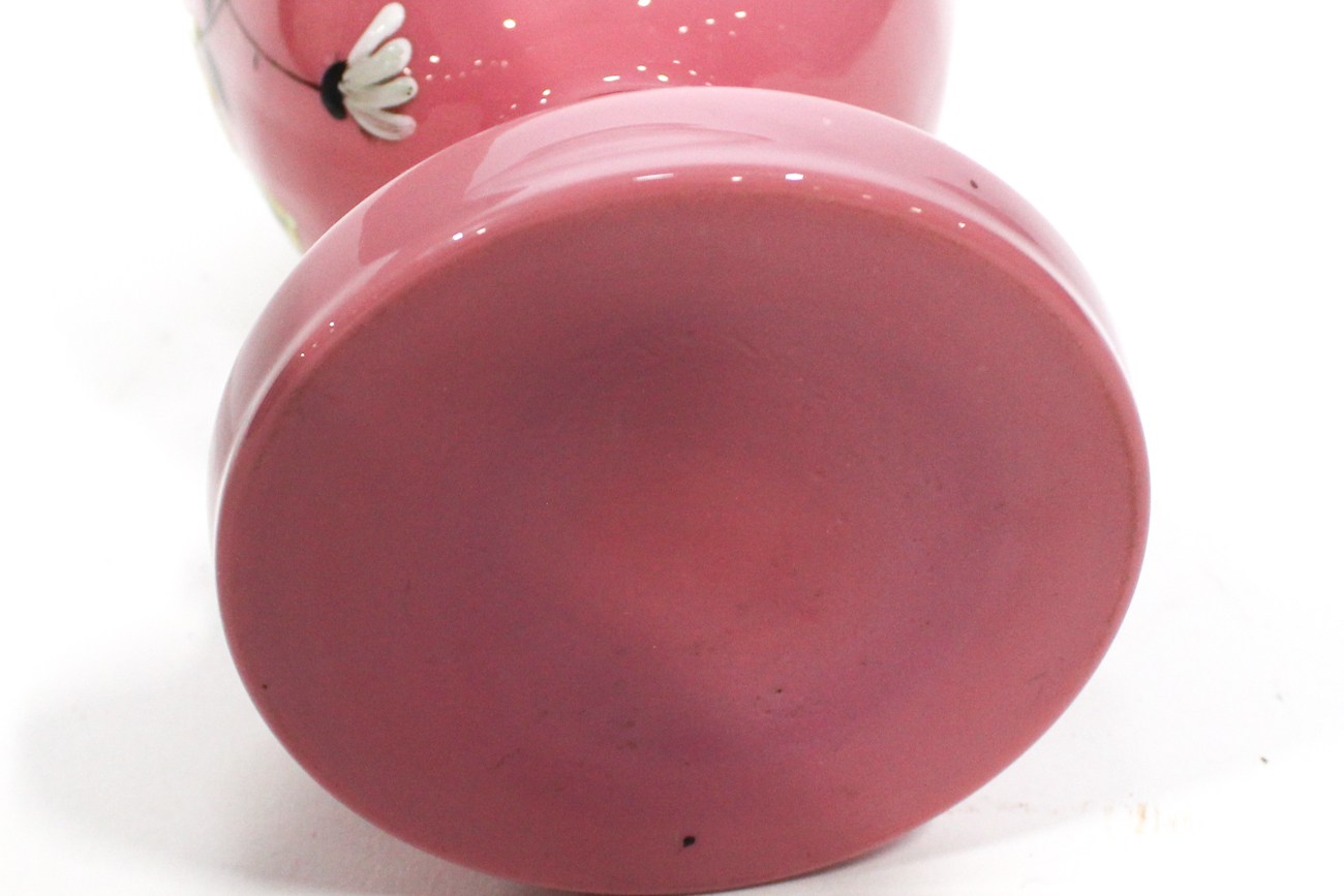 Bristol Pink Glass Floral Decorated Vase, Late 19th Century