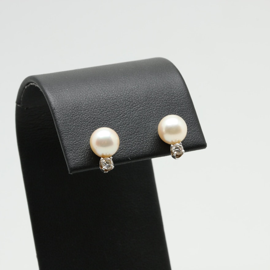 14K White Gold Cultured Pearl and Diamond Stud Earrings