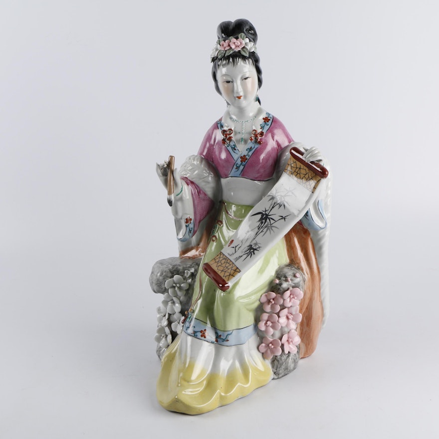 Chinese Shiwan Style Porcelain Figurine of Woman Painting Scroll