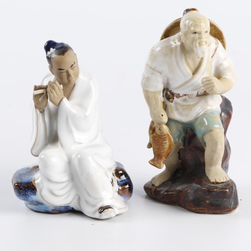Chinese Shiwan Style Fisherman and Flutist Figurines