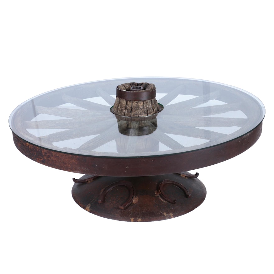 Custom-Made Coffee Table with Glass Top and Antique Iron and Wood Wagon Wheel