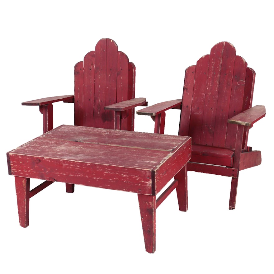 Vintage Adirondack Style Three-Piece Patio Furniture Set in Red Paint