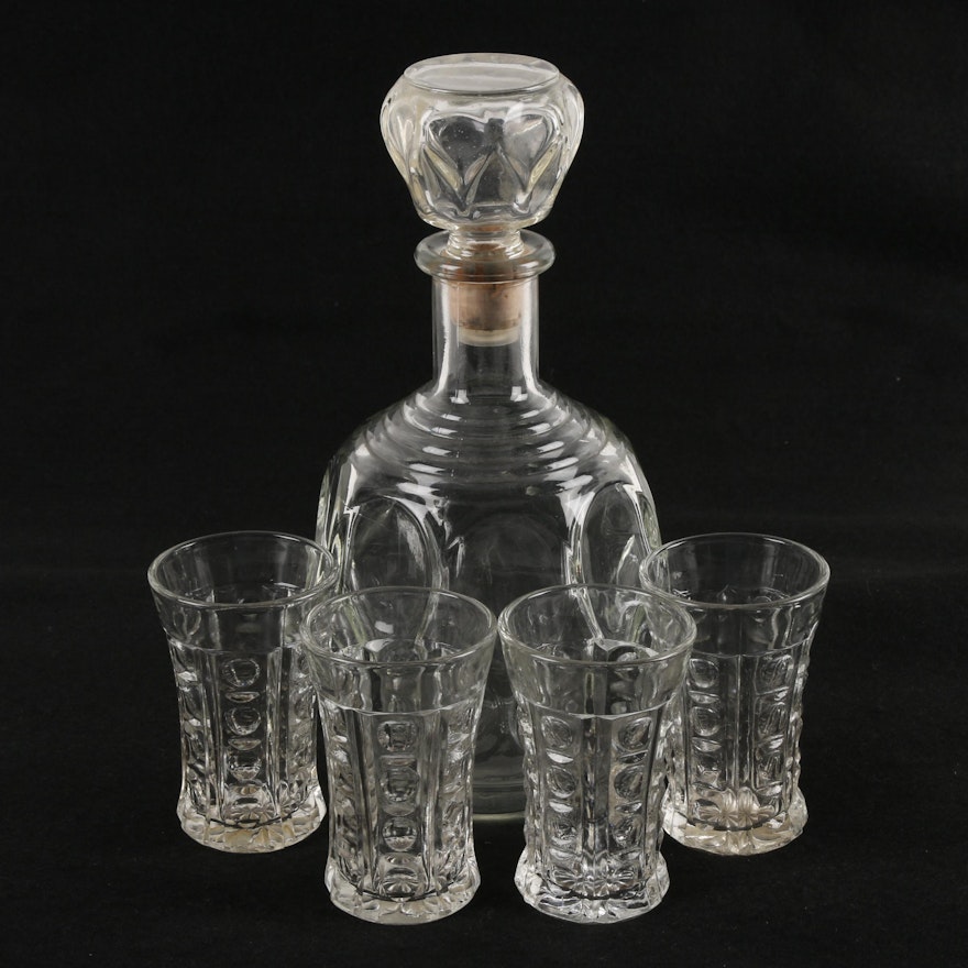 Vintage Pressed Glass Decanter and Glasses