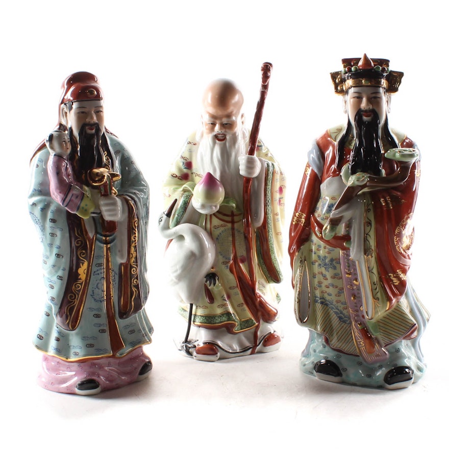 Chinese Sanxing Deities Porcelain Figurines