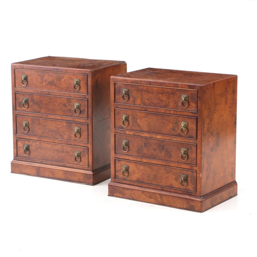 Pair of Small Burled Chest of Drawers with Lion-Mask Pulls