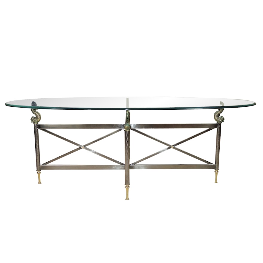 Oval Glass and Metal Coffee Table with Dolphin Accents