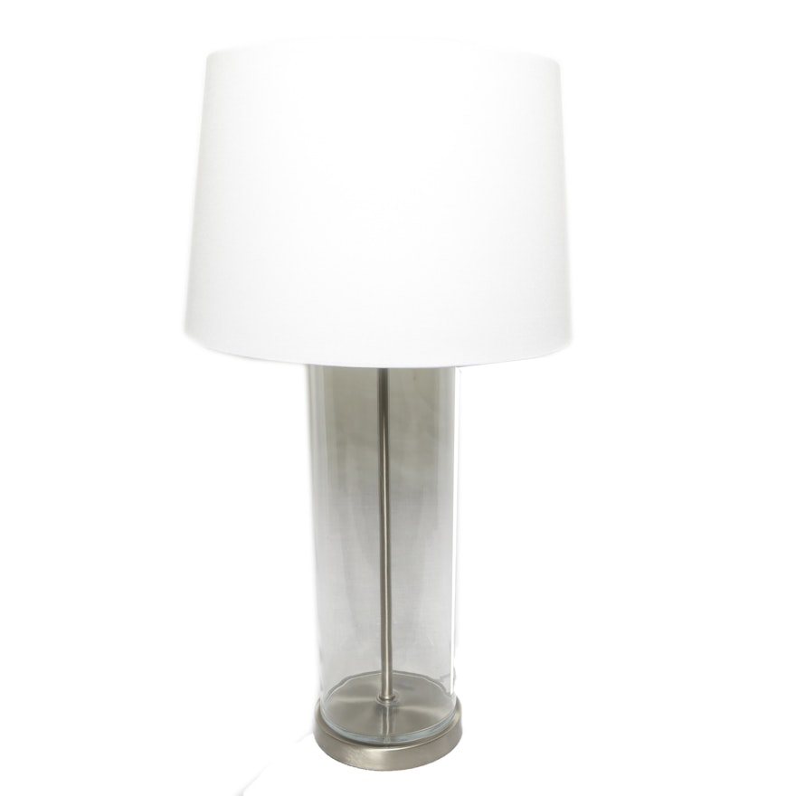 Cylindrical Glass and Silver Tone Metal Table Lamp w/ White Fabric Covered Shade